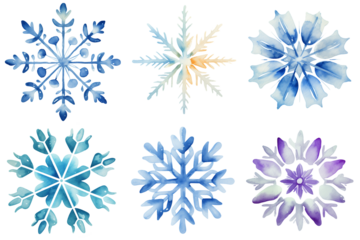 Vintage retro colorful watercolor Christmas snowflake painting clipart set