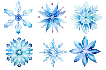 Watercolor soft crystal blue flower snowflake clipart element set