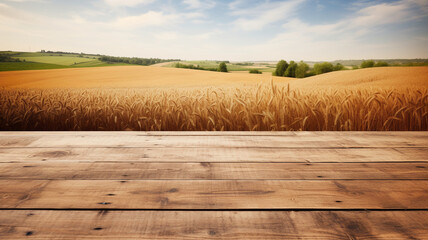 Rustic wooden tabletop with a blurred background of a lush wheat field under a clear sky mockup product display placement. 