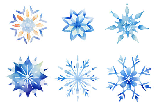 Transparent watercolor snowflake painting clipart illustration bundle