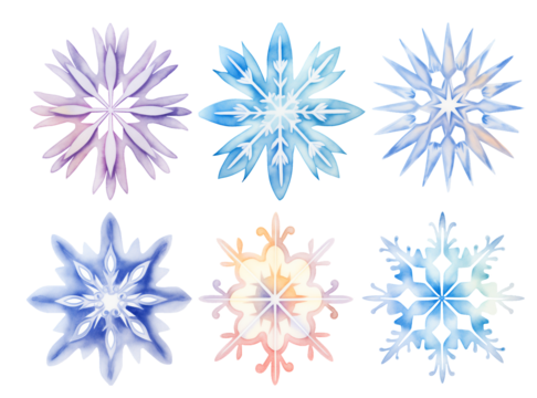 Multicolored boho watercolor snowflake hand painted illustration bundle