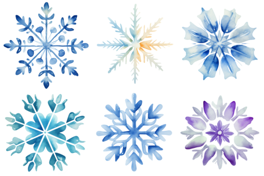 Vintage retro colorful watercolor Christmas snowflake painting clipart set