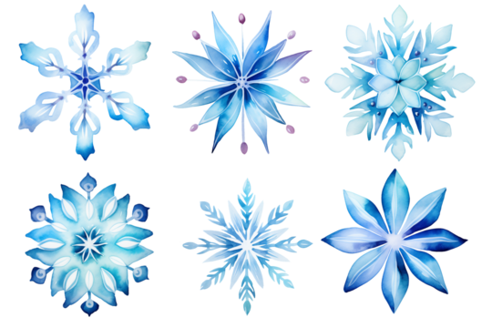 Watercolor soft crystal blue flower snowflake clipart element set