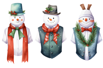 Watercolor cute snowman wearing costume character illustration clipart bundle