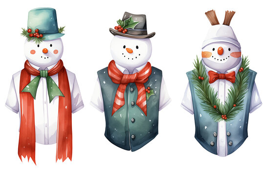 Watercolor cute snowman wearing costume character illustration clipart bundle