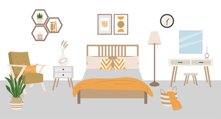 Fototapeta premium Modern cartoon bedroom interior in Scandinavian style. Vector illustration of bedroom furniture.