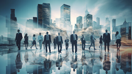 Double exposure of group of businessperson and cityscape. generative ai.