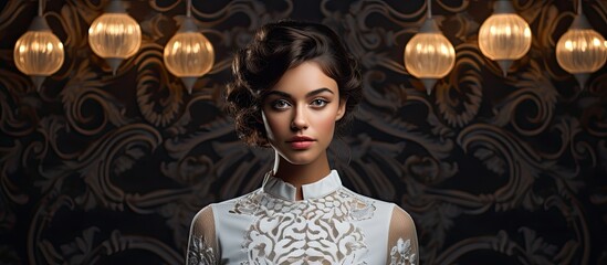 The girl with a stunning white vintage dress stood in front of the artfully decorated black background wall, her beautiful retro hair perfectly complementing the luxurious interior. Her face radiated