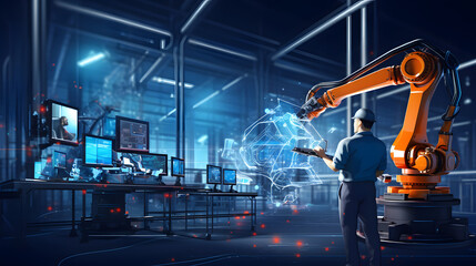 Engineer hand check and control welding robotics automatic arms icon with machine in intelligent factory automotive. generative ai.