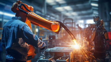 Engineer hand check and control welding robotics automatic arms icon with machine in intelligent factory automotive. generative ai.