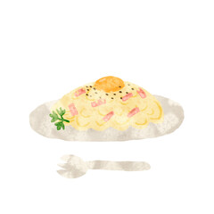 水彩手描き　カルボナーラパスタのイラスト　テクスチャあり