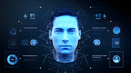 Face Recognition System Concept with Low Polygon Human Face Scanning Blue Template Background With UI. generative ai.