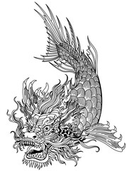 mythological dragon-headed koi carp fish swimming down. Japanese and Chinese mythical creature isolated on white. Graphic style vector illustration. Black and white