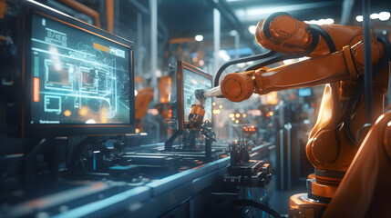 Factory Female Industrial Engineer working with automation robot arms machine in intelligent factory industrial on real time monitoring system software.Digital future manufacture. generative ai. - obrazy, fototapety, plakaty