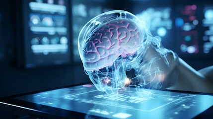 Female Doctor surgeon analyzing patient brain with human anatomy on technological digital tablet futuristic Ui and digital holographic innovative with science and medicine concept. generative ai.
