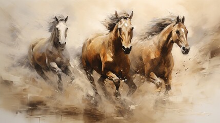 Obraz na płótnie Canvas Abstract textured drawing horses in wildlife shaded oil painting