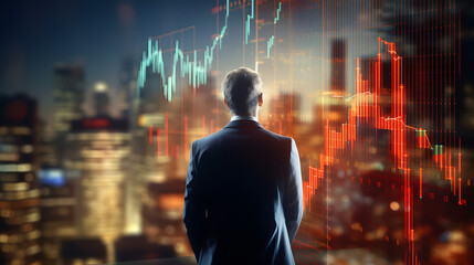 Financial investment, business analysis concept. Double exposure of businessman and stock market or forex graph. generative ai.