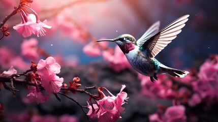 Cherry Blossoms and Hummingbird in Flight
