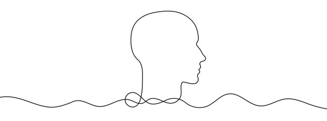 Continuous line drawing of a human head. One line drawing background.