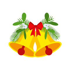 Two Christmas bells with red bow and leaf decor.