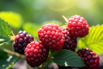 Ripe Raspberries on Green Tree