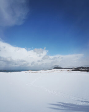 雪が積もって真っ白になった鳥取砂丘