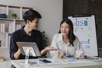Business teamwork and working with UX developer and UI designer at table in modern office. Creative and development agency concept.