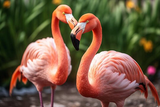 Two Flamingos Standing in Water with Greenery