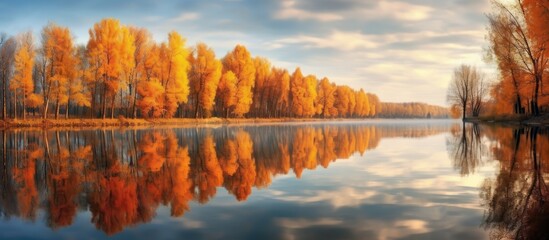Obraz premium The colorful leaves of autumn paint a stunning landscape against the serene sky, reflecting on the calm waters of the lake, surrounded by the lush trees of nature.
