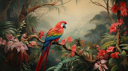 Wallpaper jungle and leaves tropical forest mural parrot and birds butterflies old drawing vintage background