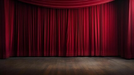 AI illustration of A vibrant red curtain in a theatre illuminated by stage lights.