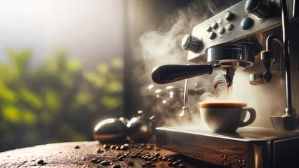 Foto op Plexiglas espresso machine pouring espresso, coffee, cup, espresso, drink, machine, cafe, beverage, caffeine, hot, breakfast, cappuccino © Moodykamil