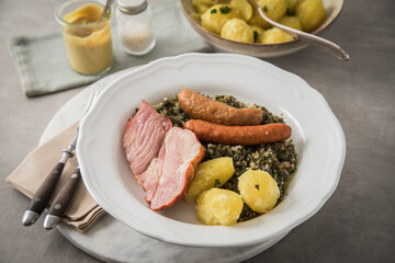 Oldenburger Grünkohl mit geräucherter Kohlwurst, Pinkel, Kassler Nacken, Kartoffeln, Senf, Petersilie auf Teller und hell grau Stein Hintergrund