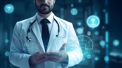 Male medicine doctor hold healthcare medical icons for the Health insurance concept in hospital background. generative ai.