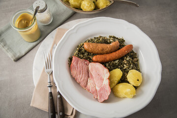 Oldenburger Grünkohl mit geräucherter Kohlwurst, Pinkel, Kassler Nacken, Kartoffeln, Senf, Petersilie auf Teller und hell grau Stein Hintergrund