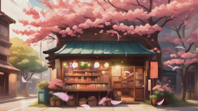 shop in the city with cherry blossom tree. Cartoon or Japanese anime watercolor illustration painting style. seamless looping 4K virtual video animation background