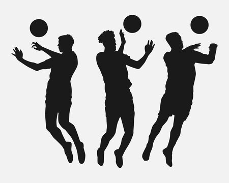 Set of silhouettes of male soccer players heading the ball. Isolated on white background. Vector illustration.
