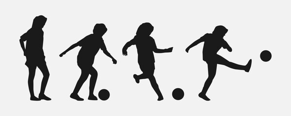 set of silhouettes of female football, soccer athletes wearing hijab standing, preparing to kick, kicking the ball. side view. isolated on white background. graphic vector illustration.