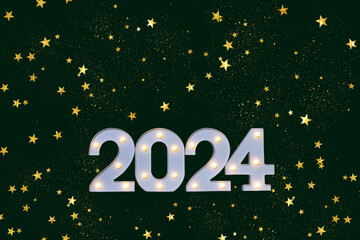 new calendar year 2024, large volumetric 3D numbers on a plain green background. minimalistic card with sparkles and bright yellow stars, bokeh. concept of christmas, magic. wallpaper, congratulations