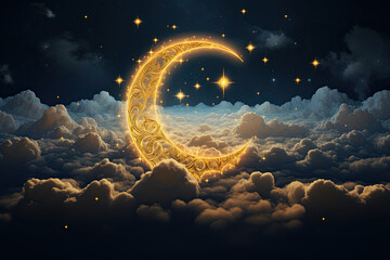 the crescent moon and stars outlined by clouds in the night sky