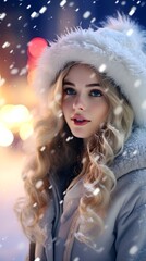 Beautiful blonde hair girl posing in soft snowfall with decorated Christmas tree in the background, holiday atmosphere, background image, AI generated