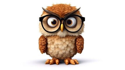 3d owl with glasses isolated on white background