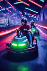 Thrill-seekers competing for the fastest lap at a lively indoor go-kart racing track - obrazy, fototapety, plakaty