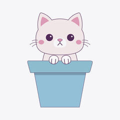 Cat in flower pot. Holding paw hands. White silhouette. Pink cheeks. Contour line doodle. Cute cartoon funny character. Baby pet animal. Sticker tshirt print. White background. Flat design.
