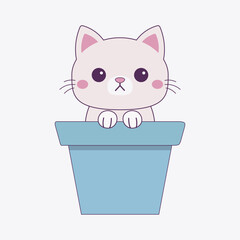Cat in flower pot. Holding paw hands. White silhouette. Pink cheeks. Contour line doodle. Cute cartoon funny character. Baby pet animal. Sticker tshirt print. White background. Flat design.