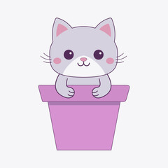 Cat in flower pot. Holding paw hands. Gray silhouette. Pink cheeks. Contour line doodle. Cute cartoon funny character. Baby pet animal. Sticker tshirt print. Flat design. White background.