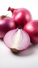 Close-up portrait of red onion against white background with space for text, background image, AI generated