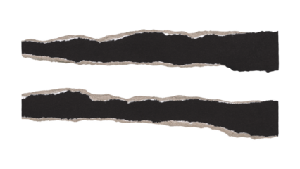 Set of torn and ripped paper stripes, lines with double edges from black paper in Y2K retro style, png isolated pieces on transparent background for text banner, mockups, textures, frame decoration