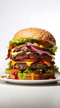 Close-up portrait of delicious bitten hamburger on a plate against white background with space for text, background image, AI generated
