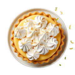Top View of a Lemon Meringue Tart on a Plate Isolated on Transparent or White Background, PNG
